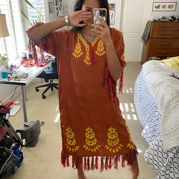 Dresses | Rust Orange Embroidery Fringe Ethnic T Shirt Dress Free People  Pocahontas Maxi | Poshmark